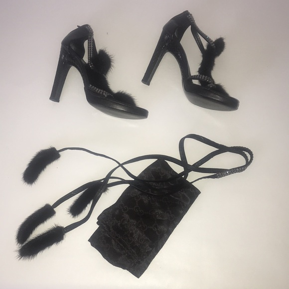 GUCCI sBlack Mink Fur & Swarovski High Heels w/Ankle Straps Size 37.5 - Picture 4 of 16